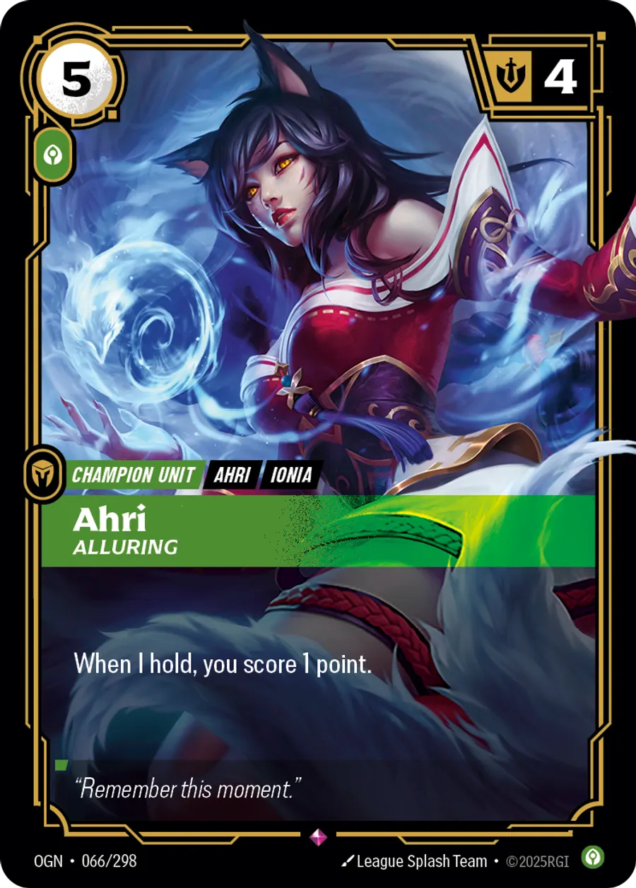 Riftbound Unit: Ahri, Alluring. When I hold, you score 1 point.