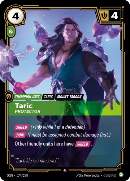 Riftbound Unit: Taric, Protector. [Shield] (+1 [S] while I'm a defender.)
[Tank] (I must be assigned combat damage first.)
Other friendly units here have [Shield].