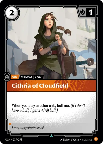 Riftbound Unit: Cithria of Cloudfield. When you play another unit, buff me. (If I don't have a buff, I get a +1 [S] buff.)