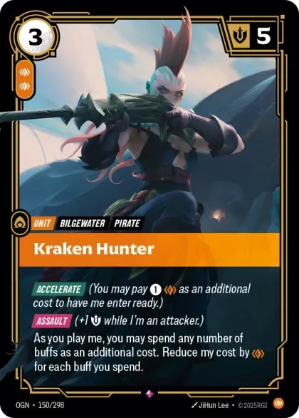 Riftbound Unit: Kraken Hunter. [Accelerate] (You may pay [1][C] as an additional cost to have me enter ready.)
[Assault] (+1 [S] while I'm an attacker.)
As you play me, you may spend any number of buffs as an additional cost. Reduce my cost by [C] for each buff you spend.