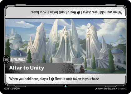 Riftbound Battlefield: Altar to Unity. When you hold here, play a 1 [S] Recruit unit token in your base.