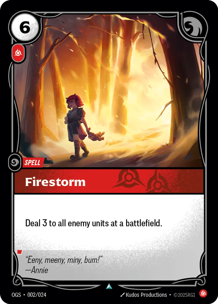 Riftbound Spell: Firestorm. Deal 3 to all enemy units at a battlefield.