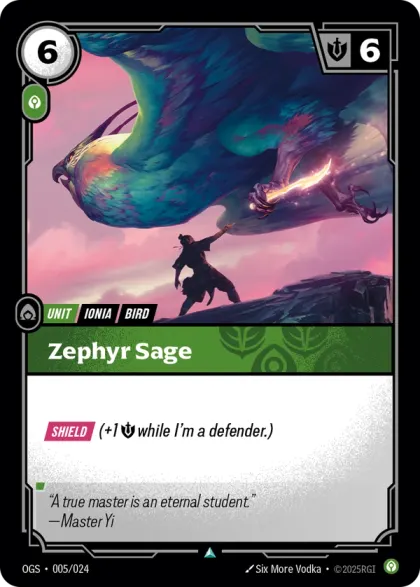 Riftbound Unit: Zephyr Sage. [Shield] (+1 [S] while I'm a defender.)