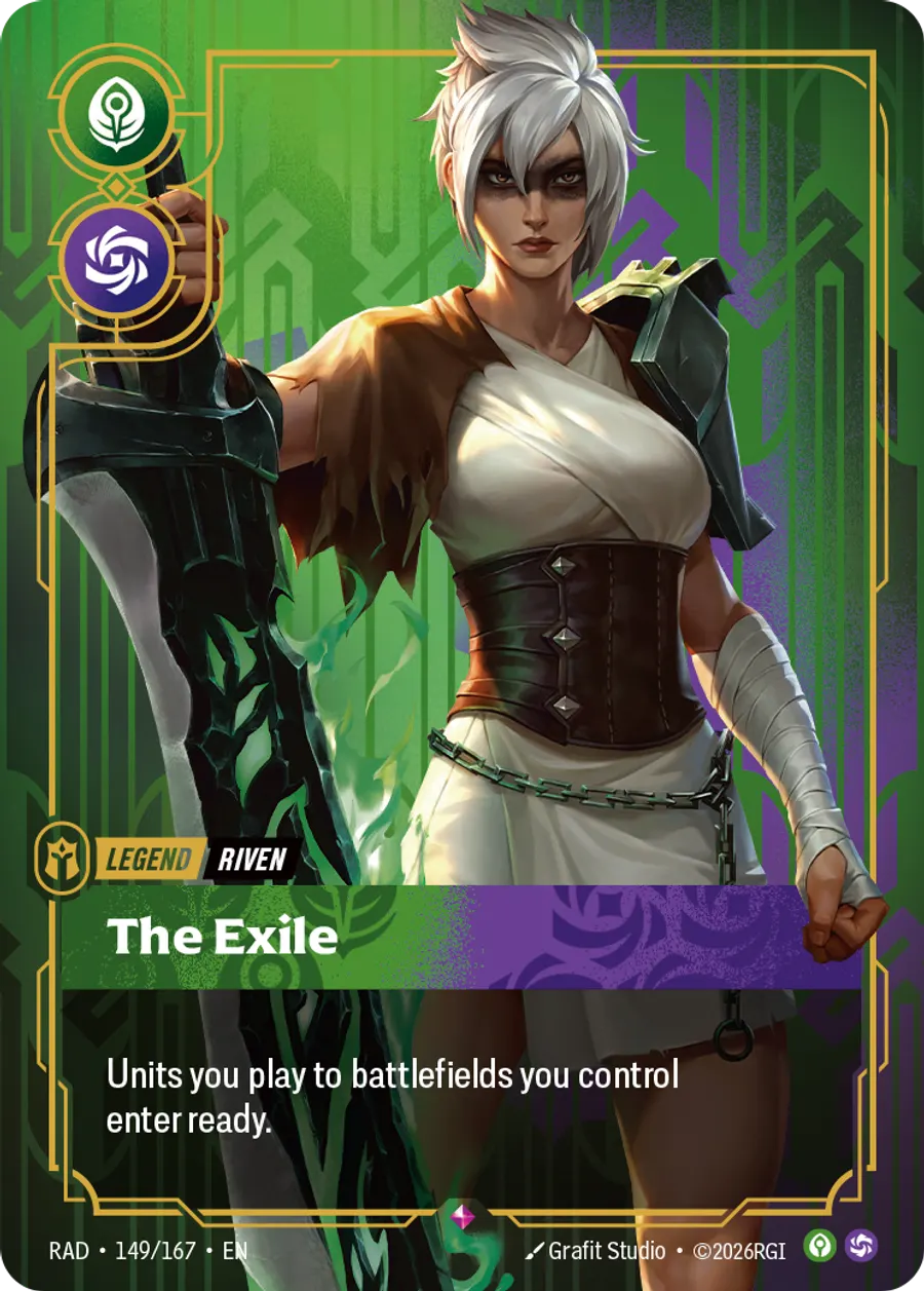 Riftbound Legend: The Exile. Units you play to battlefields you control enter ready.