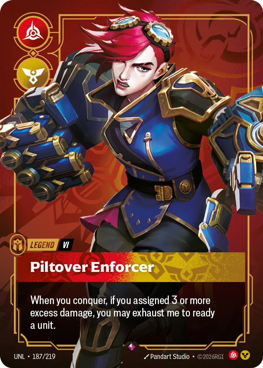 Riftbound Legend: Piltover Enforcer. When you conquer, if you assigned 3 or more excess damage, you may exhaust me to ready a unit.