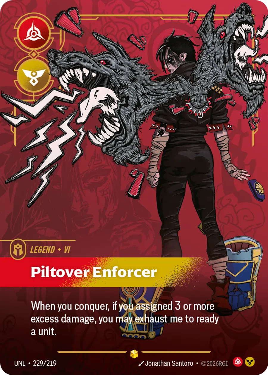 Riftbound Legend: Piltover Enforcer. When you conquer, if you assigned 3 or more excess damage, you may exhaust me to ready a unit.