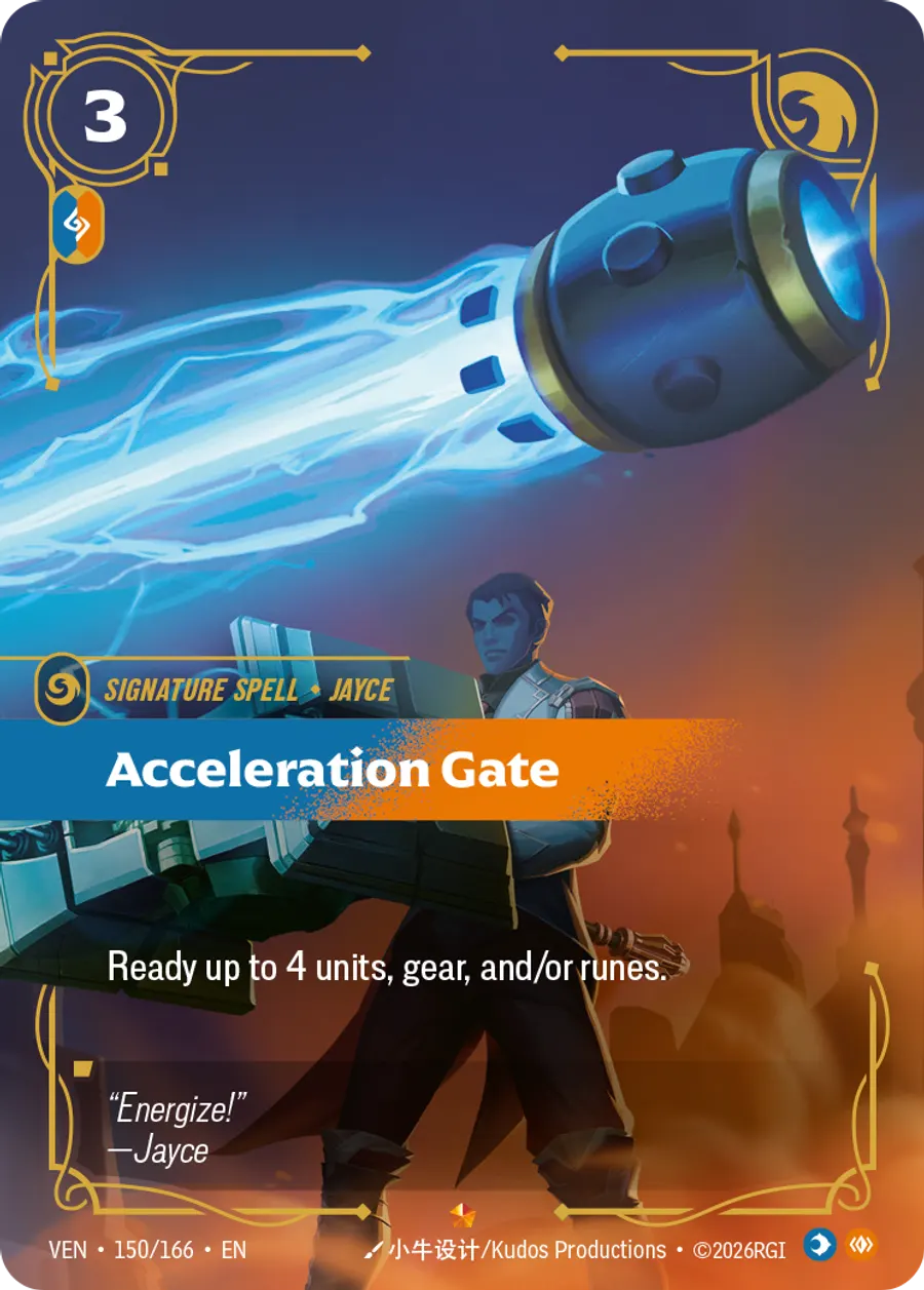 Riftbound Spell: Acceleration Gate. Ready up to 4 units, gear, and/or runes.